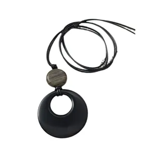 Vintage ethnic style resin ring pendant necklace with wood texture bead on long black cord
