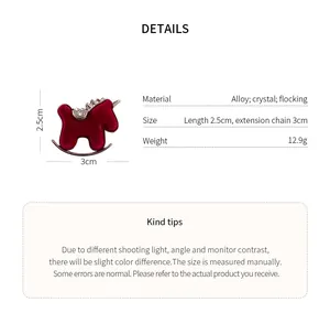 Detailed specifications of red flocked horse brooch with crystal accents and dimensions