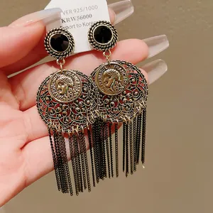 Macro detail of vintage tassel earrings with 925 silver needle and portrait relief
