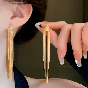 Fashion Gold Metal Tassel Drop Earrings With 925 Sterling Silver Earring Post Luxurious Minimalist Geometric Long Chain Dangle Earrings For Women Jewelry