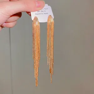 Elegant long gold tassel earrings with silver needles for women fashion jewelry.