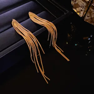Detailed close-up view of elegant gold tassel earrings with long hanging metal chain fringe