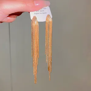 Elegant long gold tassel earrings with metallic fringe detail and s925 silver needles