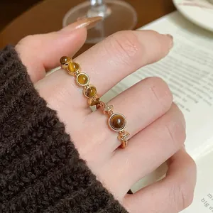 Vintage Maillard Style Tiger Eye Stone Open Ring Real Gold Plated Zirconia Inlaid Adjustable Finger Ring For Women Fashion Jewelry