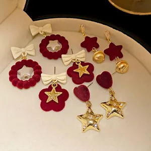 Luxury Christmas Red Flocking Bow Stud Earrings With 925 Sterling Silver Earring Post Alloy Heart Star Festive Jewelry For Women