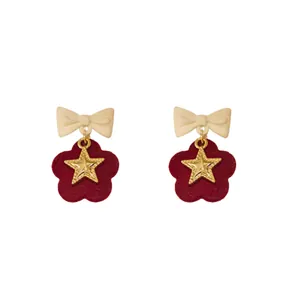 Elegant Christmas velvet bow earrings with golden star charms and S925 silver needles