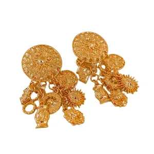 Vintage gold palace style dangle earrings with ornate lion and sun charms for women.