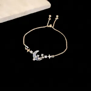 Elegant zircon star and moon adjustable pull-out bracelet with luxury gold plating