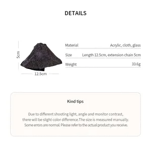 Detail view of rhinestone-studded triangular hair clip with material and size specifications