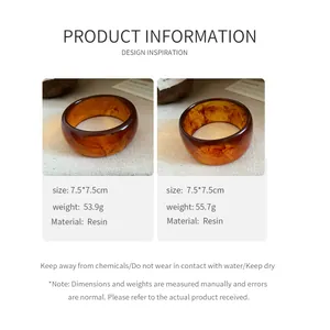 Detail of amber pattern resin bangle showing dimensions and material specifications