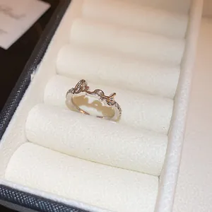 Vista macro dettagliata di un elegante anello love in argento e zirconi in un portagioie