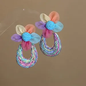 Women's Bohemian Mesh Flower Drop Earrings Handwoven Colorful Floral Dangle Earrings For Seaside Holiday Sweet Forest Style