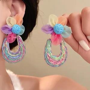 Bohemian mesh flower drop earrings with colorful woven design for beach vacation