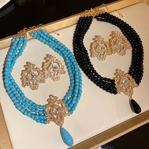Vintage Palace Style Alloy Artificial Pearl Waterdrop Necklace And Earrings For Women Rhinestone Palace Style Elegant Party Accessories