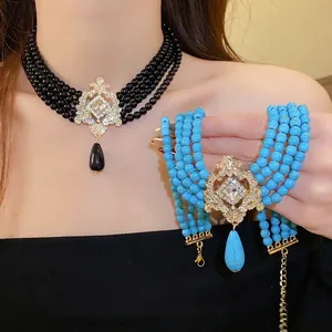 Vintage court style multi-layer bead choker necklace with ornate water-drop pendant