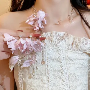 Fabric Flower Artificial Pearl Necklace And Earrings For Women Sweet Elegant Floral Jewelry Wedding Party Accessories
