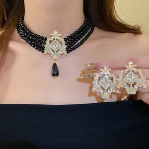 Vintage court style multi-layer black pearl necklace and earring set with waterdrop pendant