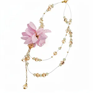 Elegant handmade pink fabric flower necklace set with pearls and champagne crystal beads