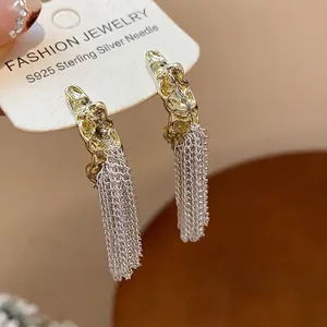 Fashion Tassel Stud Earrings With 925 Sterling Silver Earring Post Gold Silver Two Tone Lava Texture Alloy Earring For Women