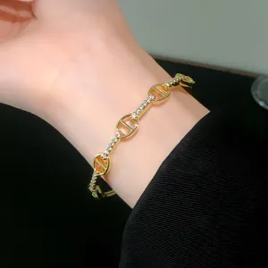 Close-up of gold-plated pig nose link bracelet with shimmering pavé zircon stones on wrist.