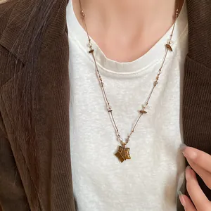 Vue détaillée d'un collier vintage avec pendentif étoile en œil de tigre