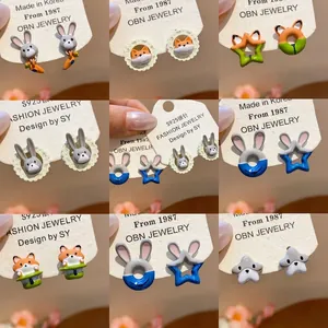 Orecchini a Bottone Cartone Animato Volpe Coniglio Lega Smalto Perno in Argento Sterling 925 Animale Stella Gioielli per Donna