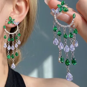 Elegant silver needle zircon earrings with green waterdrop tassels and butterfly motifs.