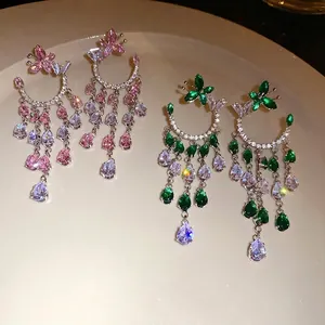 Elegant silver zircon butterfly teardrop tassel earrings in pink and emerald green