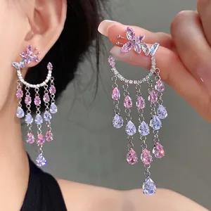 Elegant pink and white zircon butterfly teardrop tassel earrings with silver needles