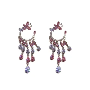 Elegant butterfly zircon tassel earrings with pink and clear teardrop crystals for women.