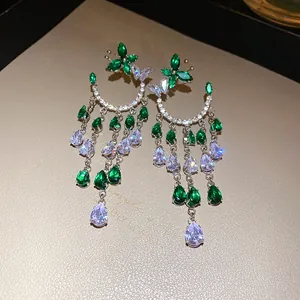 Elegant emerald green zircon butterfly water drop tassel earrings in vintage luxury style
