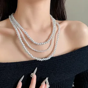 Collana di Perle Artificiali Multistrato Vintage Francese per Donna Elegante Chiusura Placcata in Oro Catena per Maglione Gioielli