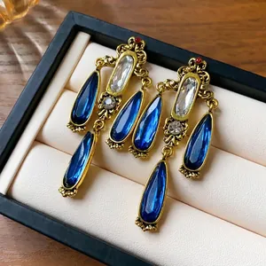 Vintage Palace Style Waterdrop Tassel Drop Earrings For Women Luxury Alloy Rhinestone Earrings With 925 Sterling Silver Earring Post