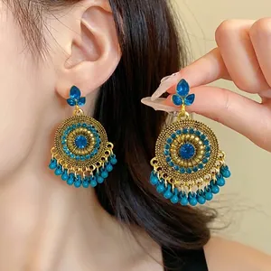 Vintage Ethnic Style Alloy Rhinestone Tassel Drop Earrings For Women Gold Blue Geometric Water Drop Earrings Silver Earring Post