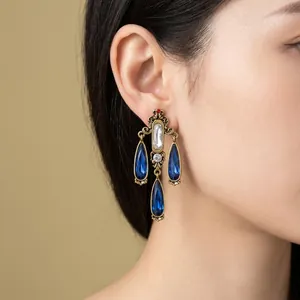 Elegant vintage royal style blue water-drop tassel earrings with shimmering crystals