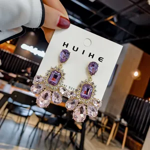 Korean Style Long Luxury Amethyst Crystal Teardrop Earrings For Women 925 Sterling Silver Earring Post Elegant Drop Jewelry