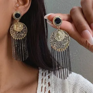 Vintage Alloy Round Hollow Tassel Earrings With Silver Earring Post Luxurious Rhinestone Coin Drop Earrings For Women Jewelry