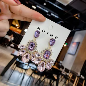 Luxury purple crystal water drop earrings with S925 silver needles for elegant evening wear.