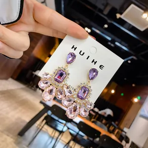 Luxury long drop earrings with faceted purple and pink teardrop crystals on S925 needles