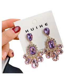 Luxury purple water-drop crystal chandelier earrings with 925 silver needles for women