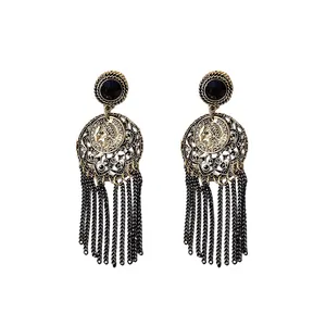 Elegant vintage style hollow round fringe earrings with black stone and long chain tassels