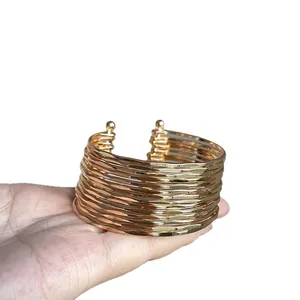 Chic gold multi-layer wrinkled open cuff bracelet with hammered texture for women