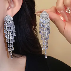 Elegant luxury silver needle zircon tassel earrings with long baguette-cut pendants