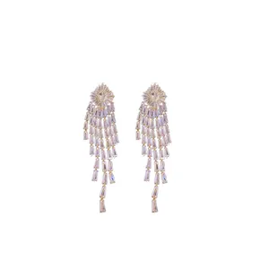 Elegant gold-plated tassel earrings with cubic zirconia stones for formal evening dresses.