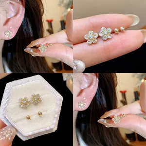 Flower Stud Earrings Set Zirconia Inlaid Copper Jewelry With 925 Sterling Silver Post Golden Versatile Women Accessories