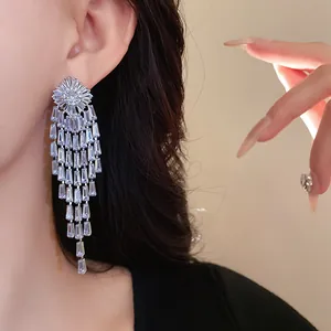 Detailed shot of sparkling cubic zirconia long tassel drop earrings for elegant ladies