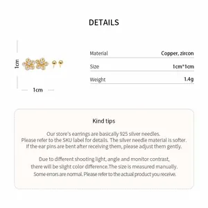Detailed view of silver zircon flower stud earrings with 1cm size specifications