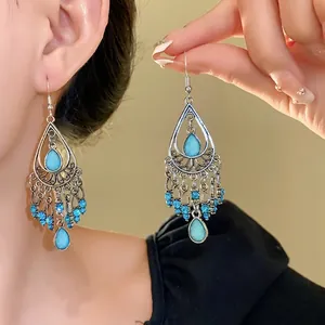 Orecchini a Goccia con Nappine e Strass Bohémien Vintage Etnici Blu Cristallo Orecchini Pendenti per Donna Gioielli