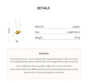 Product specifications for gold gourd pendant lariat necklace with copper material details