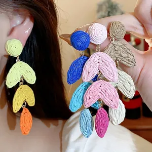 Handmade Raffia Heart Drop Earrings For Women Bohemian Woven Fashion Jewelry Multilayer Dopamine Colors Long Earrings